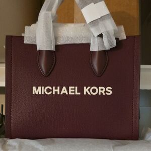 NWT Michael Kors Wine/Burgundy Pebbled Leather Tote with Logo